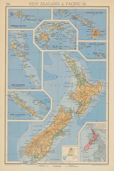 New Zealand and Pacific Islands by John George Bartholomew, 1942 — digital art print download