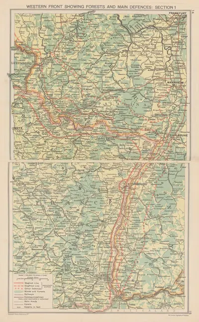 Western‎ ‎front‎ showing‎ forests and main defences; section by London Geographical Institute, 1940 — digital art print…