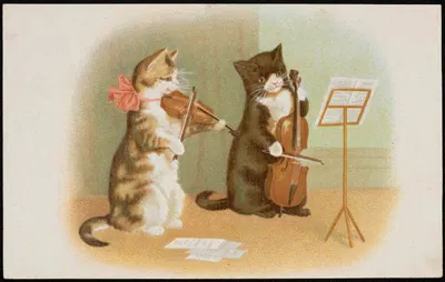 Two cats playing the violin and double bass by G.O.M, 1913-1924 — digital art print download