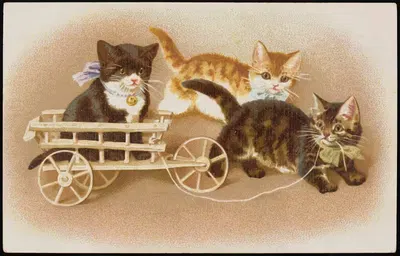 Two kittens pulling a third cat in a stroller by G.O.M, 1913-1924 — digital art print download