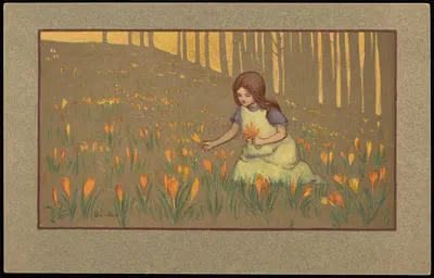 Girl picking crocuses by М. М. Вьен, 1906-1914 — digital art print download