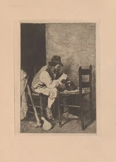 Мужчина в шляпе ест из котла на стуле by Адриен де Витте, 1891 — digital art print download