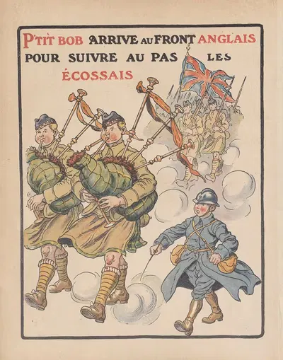 P'tit Bob arrive au front Anglais pour suivre au pas les ècossais by Henri Lanos, 1917 — digital art print download