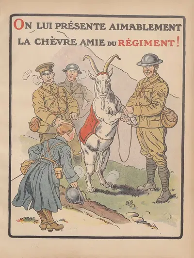 On lui prèsente aimablement la chèvre amie du règiment! by Henri Lanos, 1917 — digital art print download