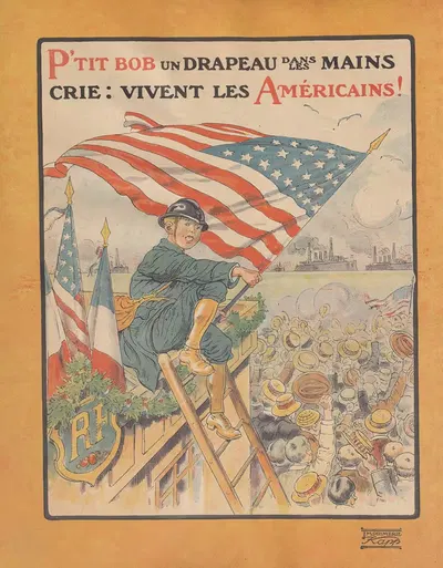 P'tit Bob un drapeau dans les mains crie; vivent les Amèricains! by Henri Lanos, 1917 — digital art print download