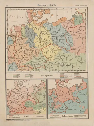Германия для обзора речных бассейнов, распределения народов и конфессий by Генри Ланге, 1898 — digital art print download