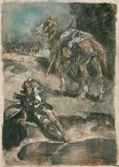 Солдат (персидский или греческий воин), слезший с лошади, пьет by Иоганнес Хендрикус Юррес — digital art print download