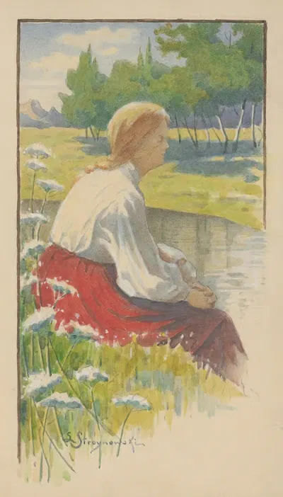 Девушка с светлой косой, сидящая на берегу потока by Леонард Стройновски, 1924 — digital art print download