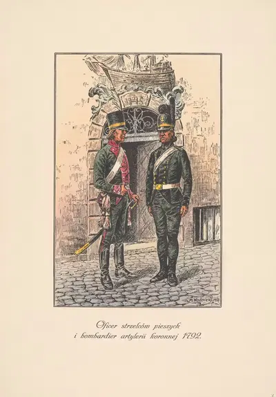 Офицер пехотных стрелков и бомбардир артиллерии Королевской 1792 года by Мечислав Казимеж Водницкий, 1938 — digital art…