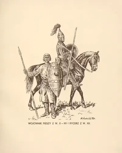 Пехотинец с века X—XII и рыцарь с века XII by Мечислав Казимеж Водницкий, 1935 — digital art print download