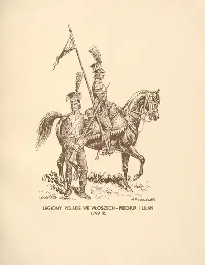 Польские легионы в Восемьдесят; пехотинец и уланы в 1799 году by Мечислав Казимеж Водницкий, 1935 — digital art print…