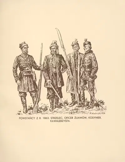 Повстанцы 1863 года; стрелок, офицер жандармерии, косынер, кавалерист by Мечислав Казимеж Водницкий, 1935 — digital art…