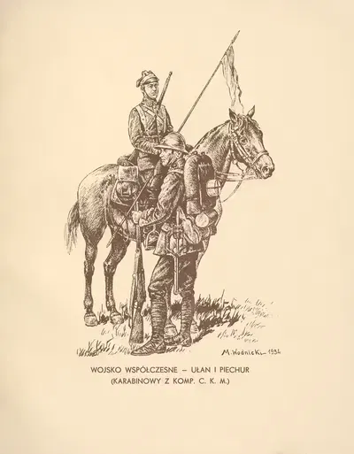 Современная армия; уланы и пехотинец (карабинер из компании C. K. M.) by Мечислав Казимеж Водницкий, 1935 — digital art…