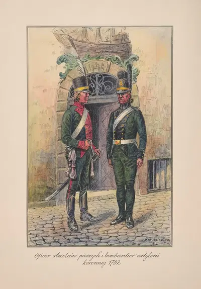 Офицер стрелков пехоты и бомбардир артиллерии коронной 1792 г. by Мечислав Казимеж Водницкий, 1937 — digital art print…