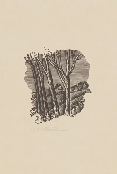 Chaty widoczne zza drzew, ilustracja do książki Song of the Little Indian Mais by Stanisław Ostoja-Chrostowski, 1935 —…