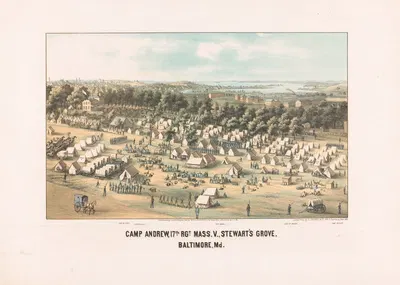 Camp Andrew 17th Rgt. Mass. V., Stewart's Grove, Baltimore, Md by E. Sachse & Co., 1861 — digital art print download