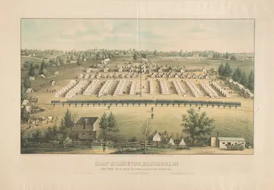 Camp Millington, Baltimore, Md. 128th Regt. N.Y.V., from Columbia & Dutchess Counties by E. Sachse & Co., 1862 — digital…