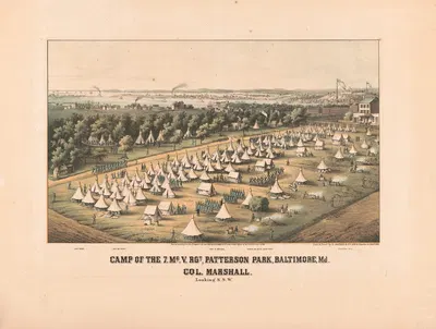 Camp of the 7 Me. V. Rgt., Patterson Park, Baltimore, Md. Col. Marshall. Looking S.S.W by E. Sachse & Co., 1861 — digital…