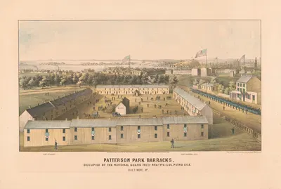 Patterson Park Barracks, occupied by the National Guard (90th regt, p.v.) col. Petro Lyle by E. Sachse & Co., 1862 —…
