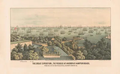 The great expedition- the vessels at anchor at Hampton Roads, from the top of the Hygeia Hotel, Old Point Comfort, Va. by…