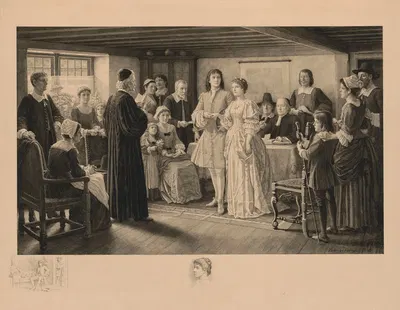 A colonial wedding, the marriage of Dr. Francis Le Baron and Mary Wilder, Plymouth, 1695 by Frederick Dielman, 1898 —…