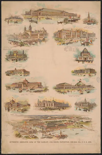 Вид с высоты на Всемирную колумбовскую выставку, Чикаго, Иллинойс, США, 1893 by Хендерсон-Ахерт Литографическая Компания,…