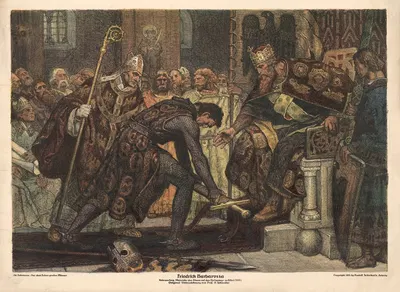 Friedrich Barbarossa. Unterwerfung Heinrichs des Löwen auf dem Fürstentage zu Erfuhrt (1181) by Osmar Schindler, 1181 —…