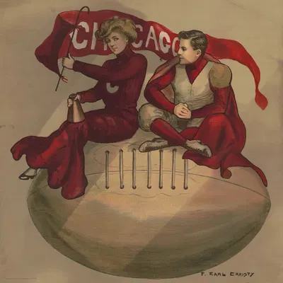 Cheerleader and football player sitting on giant football with Chicago flag by F. Earl Christy, 1907 — digital art print…