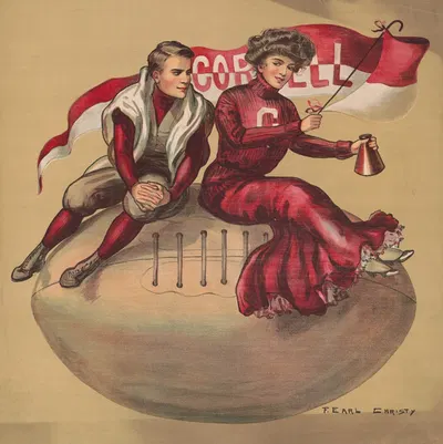 Football player and cheerleader sitting on giant football with Cornell flag by F. Earl Christy, 1907 — digital art print…