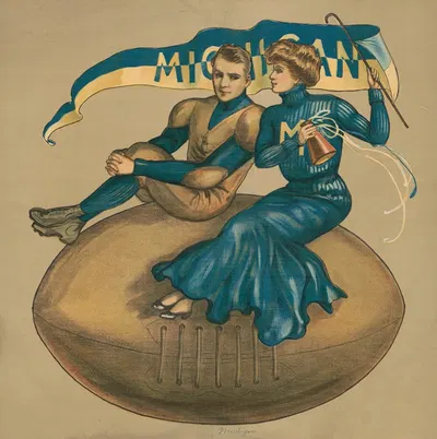 Football player and cheerleader sitting on giant football with University of Michigan flag by F. Earl Christy, 1907 —…