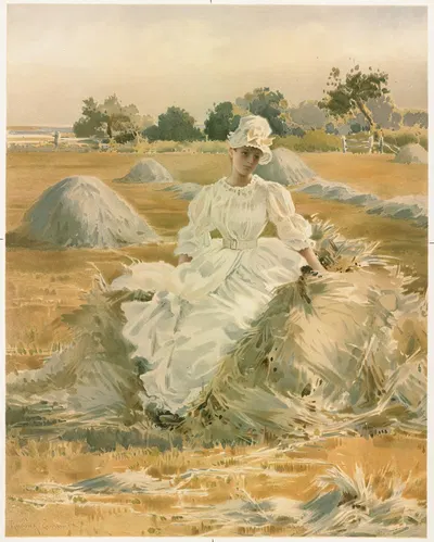 Woman seated upon haystack by Rosina Emmet Sherwood, 1861–1897 — digital art print download
