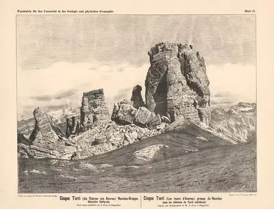 Cinque Torri (die Thürme von Averau) Nuvolau-Gruppe, Dolomiten Südtyrols by A. Beer, 1889 — digital art print download