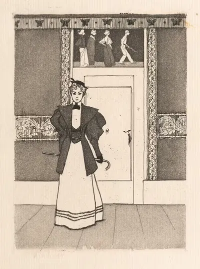 Интерьер с молодой женщиной в прогулочном костюме by Евген Кирхнер, 1895 — digital art print download