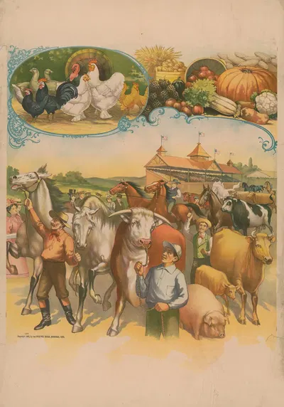 Cow, pigs, horses with fair buildings in the background framed by chickens and produce by Fair Pub. House, 1900 — digital…