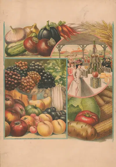 Fruit, vegetables, and women at the racetrack visiting a food vendor by Fair Pub. House, 1900 — digital art print download