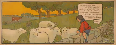 Мальчик, сидящий на каменной стене и смотрящий на овец by Флоренс Харрисон, 1911 — digital art print download
