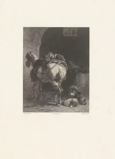 Цирковая лошадь с собаками и обезьянами by Адольф Муйлерон, 1848-1862 — digital art print download