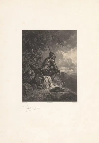 Сидящий солдат, видимый сзади на фоне пейзажа by Адольф Муйлерон, 1848-1862 — digital art print download
