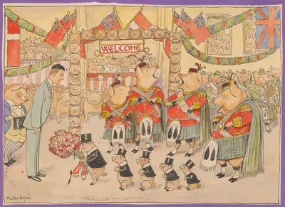 Four pigs wearing kilts sing while five pigs wearing top hats present a man with a bouquet of flowers by Alfred Schmidt —…