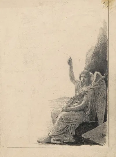 Angel with feather pen raises finger in the air. by Carl Thomsen, 1865-1912 — digital art print download