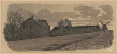 Farm, thatched house, and mill. by Carl Thomsen, 1865-1912 — digital art print download