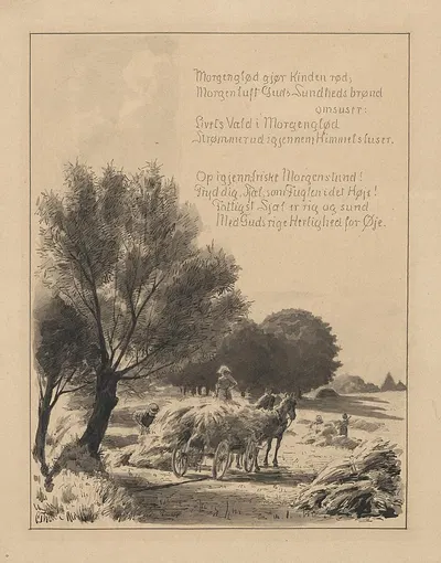 Farmers work in the fields loading hay onto a horse-drawn cart and making haystacks. by Carl Thomsen, 1865-1912 — digital…