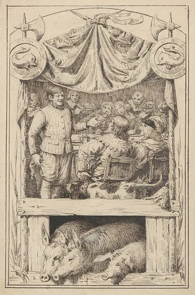 Man greets wealthy man at dinner party. Three pigs are seen at the bottom. by Carl Thomsen, 1865-1912 — digital art print…