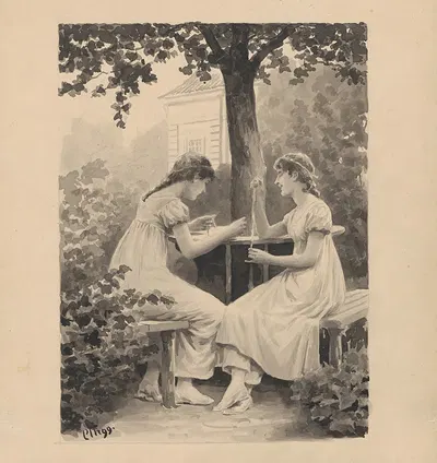 Two young women are sewing at a garden table. by Carl Thomsen, 1899 — digital art print download