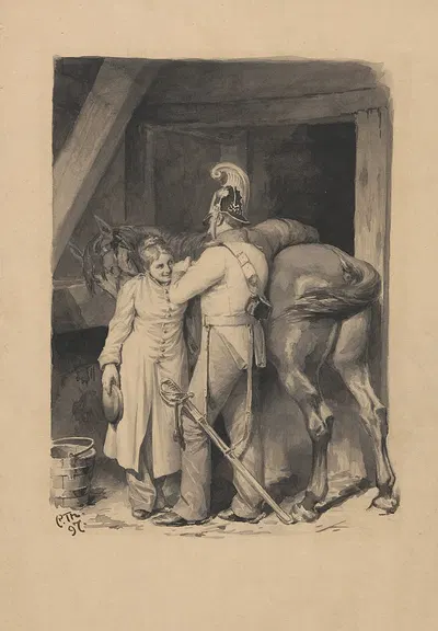 Young woman and soldier with horse. by Carl Thomsen, 1897 — digital art print download