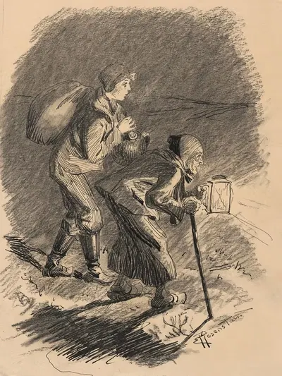 A boy with a bundle and an elderly peasant woman with a stick and a lamp walk through the darkness at night. by Christian…