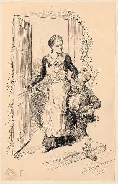 Poor boy rejected at the door by maid. by Christian Emil Rosenstand, 1929 — digital art print download