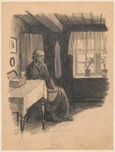 Elderly woman with sewing kit sitting on a chair by Emil Krause, 1921 — digital art print download