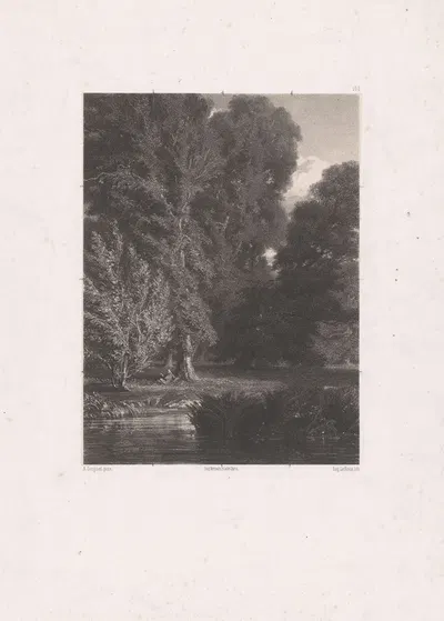 Forest landscape with a figure under a tree by the water by Eugène Leroux, 1853-1854 — digital art print download
