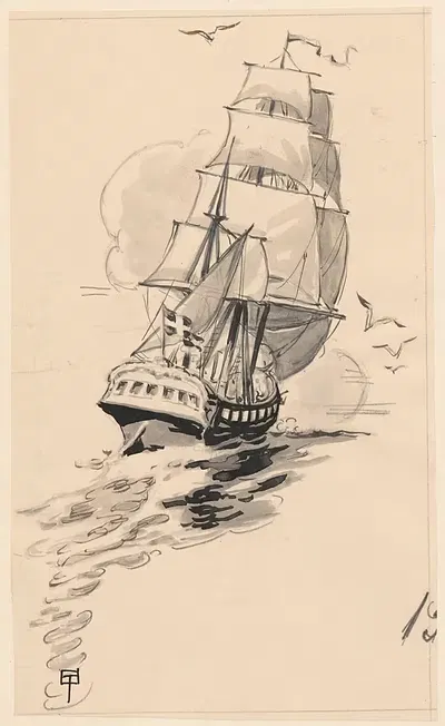 Корабль в море с флагом Данеброг, развевающимся на корме. by Георг Тормер, 1931 — digital art print download